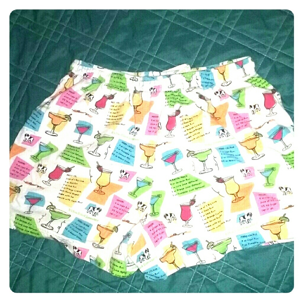 Pajama shorts. White w/ alcoholic beverage pattern